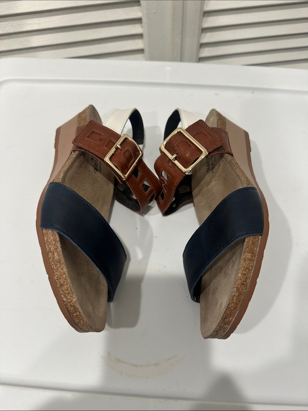 NAOT Dynasty Wedge Sandal size 8 or 39 black brown white leather support - Picture 5 of 9